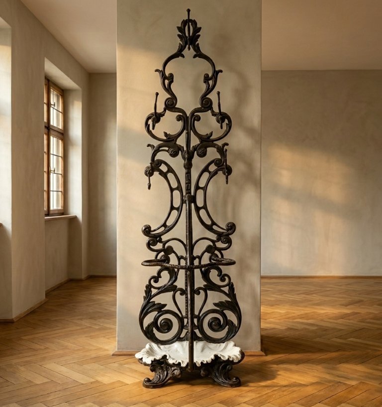 Antique Cast Iron Hall Stand, Victorian Coat Rack with Marble Base