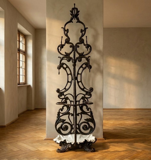 Antique Cast Iron Hall Stand, Victorian Coat Rack with Marble Base, Ornate Hall Tree, 19th Century