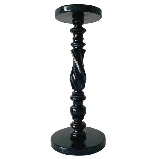 Columna de planta vintage de madera maciza torneada a mano, pilar negro, década de 1940