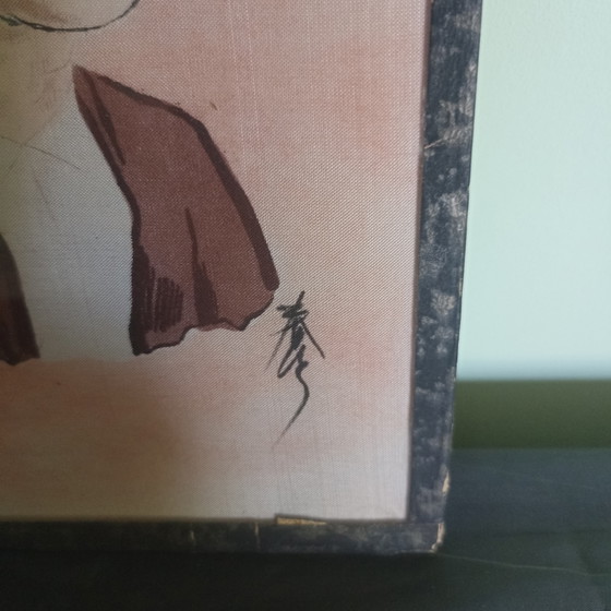 Image 1 of Antiek Vietnamees portret op zijde & hout (jaren 50) – Uniek mid-century