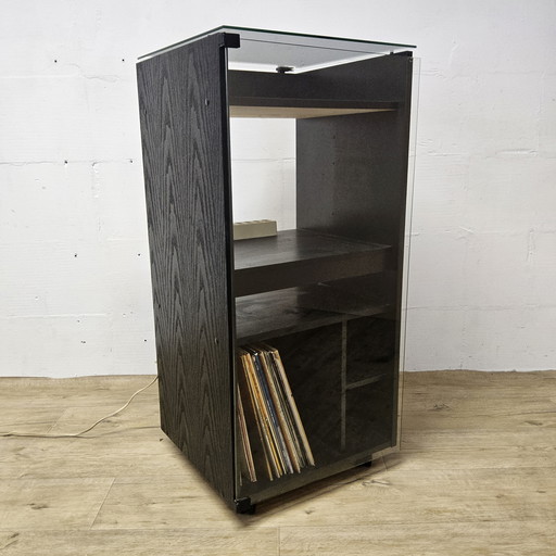 Meuble vintage pour tourne-disques (années 1960) - Meuble de rangement pour disques vinyles en bois et verre