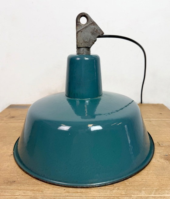 Image 1 of Industrial Petrol Enamel Factory Lamp with Cast Iron Top, 1960s