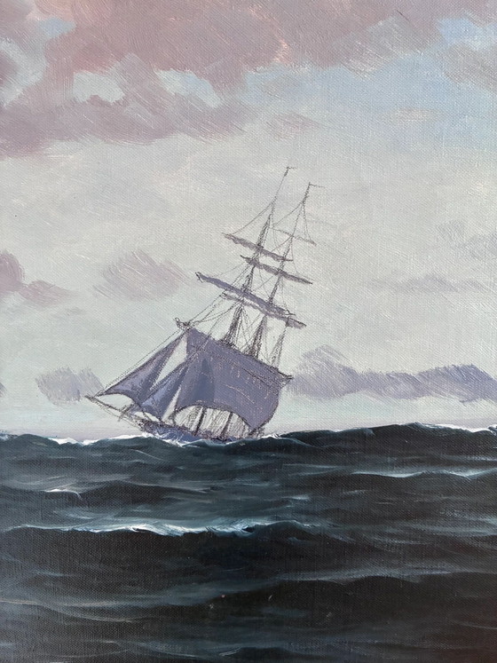 Image 1 of Peinture à l'huile originale vintage représentant une marine, signée, art de voilier