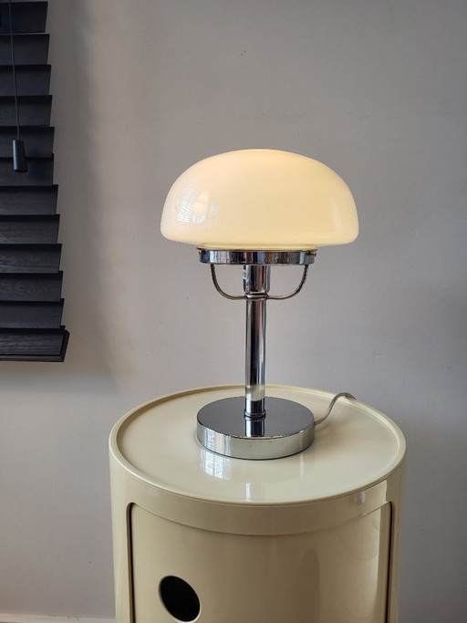 Mushroom lamp, vintage, chrome en mat wit glas