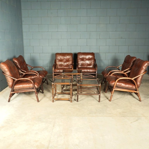 Vintage bamboe loungeset – 6 stoelen en 3 bijpassende tafeltjes – jaren 60