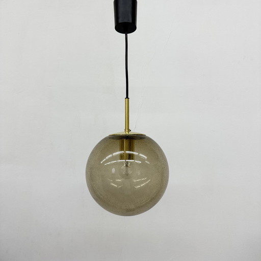 Limburg Glashütte Brass Smoked Glass Ball Pendant Hanging Lamp, 1970s