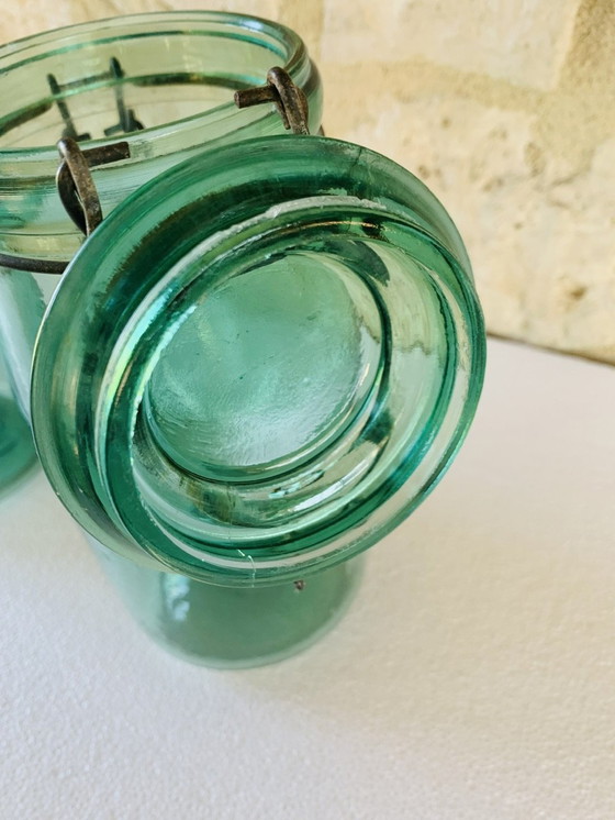 Image 1 of Vintage Franse potten in smaragdgroen glas van L'Ideale, jaren 1940, set van 2