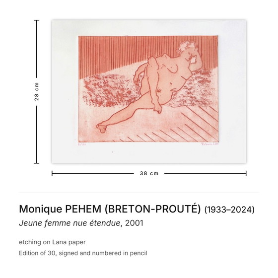 Image 1 of Monique PEHEM (BRETON-PROUTÉ) Giovane donna nuda sdraiata Acquaforte firmata 2001