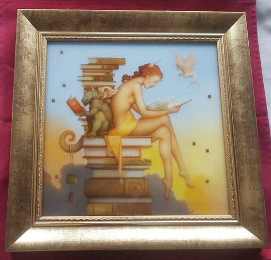 Image 1 of Zeefdrukreproductie op glas van het schilderij getiteld Ex Libris van de Amerikaanse schilder Michael Parkes.
