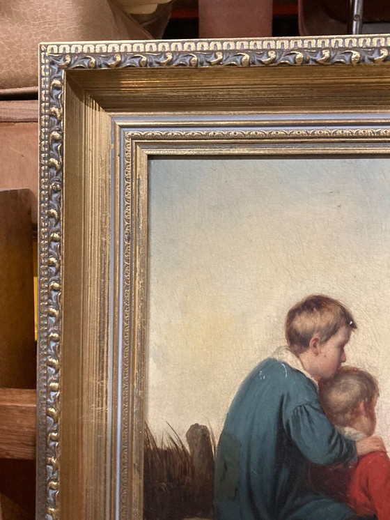 Image 1 of Peinture à l'huile ancienne sur panneau de bois représentant deux enfants