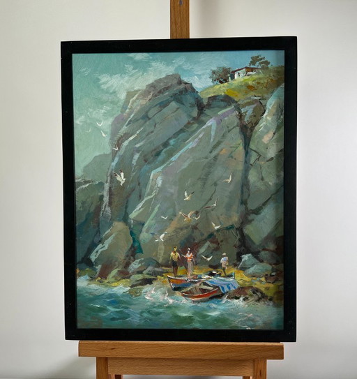Pintura al óleo original Paisaje rocoso costero Susurro de las olas del mar