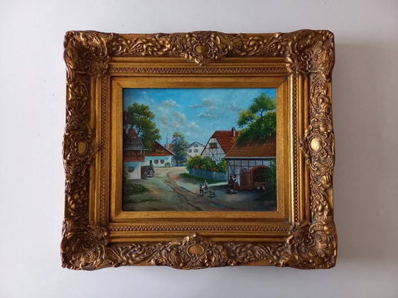 Image 1 of ORIGINAL Ölgemälde auf Holzplatte inkl. Rahmen | Fachwerkhäuser/Dorf | Signiert
