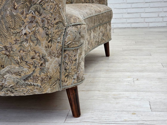 Image 1 of Anni '70, divano danese a 3 posti curvo, tessuto originale multicolore, legno di faggio.