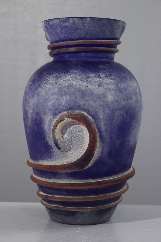 Image 1 of Large Vintage Vase Murano Glass Scavo Technique Post-Modern Design 1980s