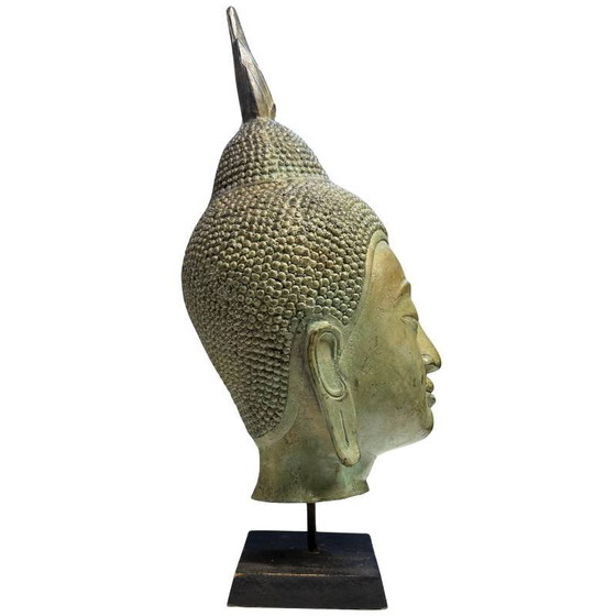Antiek Thais Bronzen Boeddha Hoofd met Voetstuk 39 cm – Beeldhouwkunst, Wood (photo 3 of 7)