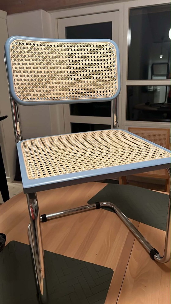 Set of 4 Vintage Italian Cesca Chairs, Sky Blue & Cane, 1990s, Dining chairs, Metal, Wicker, Modern (photo 4 of 5)