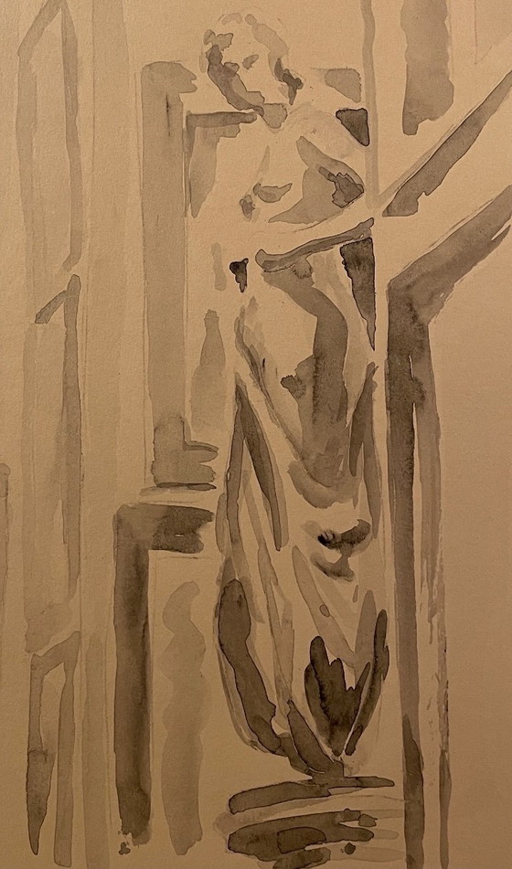 Image 1 of Monochrome sepia watercolor interior of the Sir John Soane Museum London