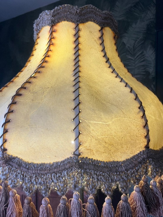 Image 1 of Lampada da terra neoclassica d'epoca in ottone massiccio con piedi a forma di leone e paralume in pelle, 1950-1960