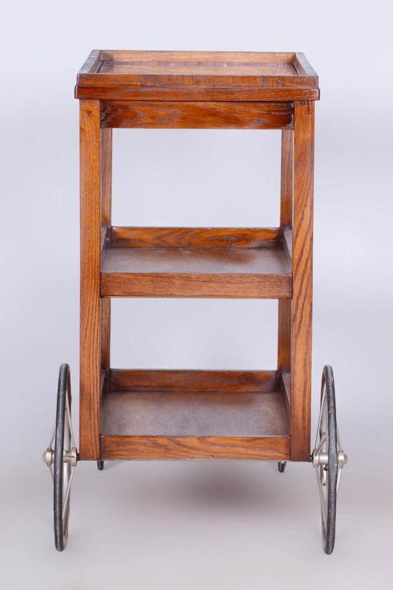 Gerestaureerde art-deco trolley van Thonet, eikenhout, glas, fineer, chroom, Tsjechisch, jaren 1920. (photo 6 of 16)