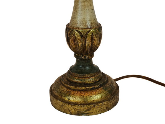 Image 1 of Italian wooden table lamp - gilded - Hollywood Regency style - pigskin handmade lampshade - 70's