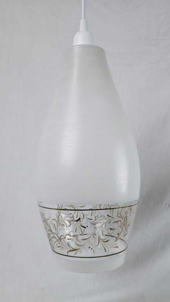 Image 1 of Lampada a sospensione da soffitto LUNEL Lanterna testurizzata in vetro bianco, stile vintage di metà secolo