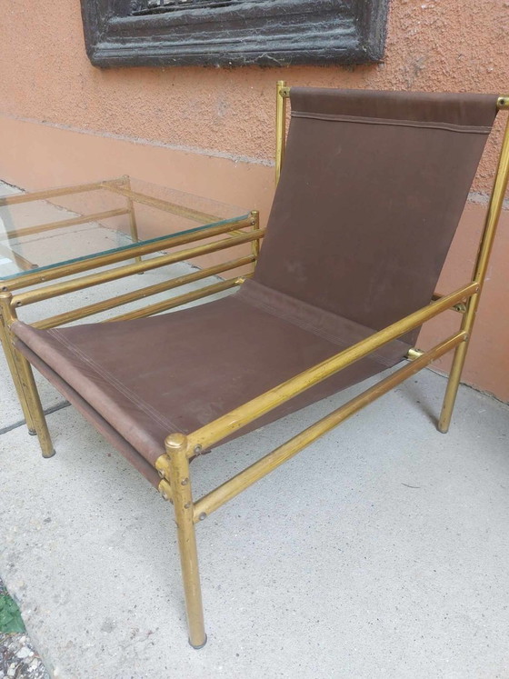 Vintage Italian Brass Dining Chairs and Table 1970s, Set of 3, Dining set, Italian Design (photo 2 of 4)