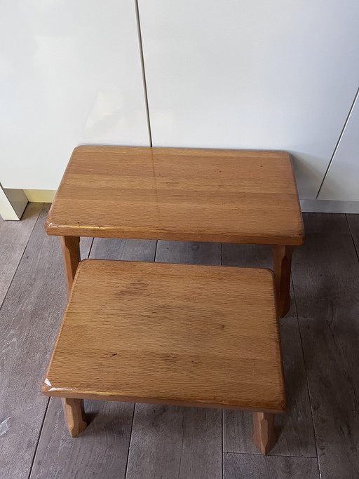 Set of two brutalist oak side tables