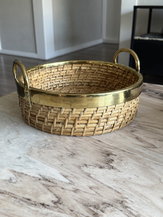 Image 1 of Schale aus Rattan und Messing im Stil von Gabriella Crespi, Italien 1960-1970 (26,5 cm)