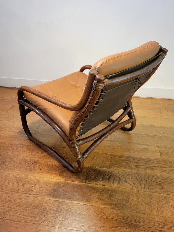 Image 1 of Poltrona vintage in rattan con cuscini in pelle del 1970