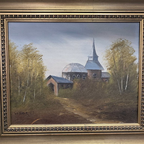 Image 1 of Vintage olieverf schilderij met Kerk VD Horst, jaren 60
