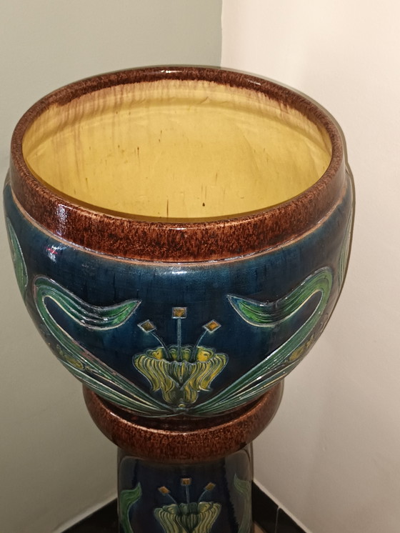 Image 1 of Antique cache-pot and column Flemish pottery