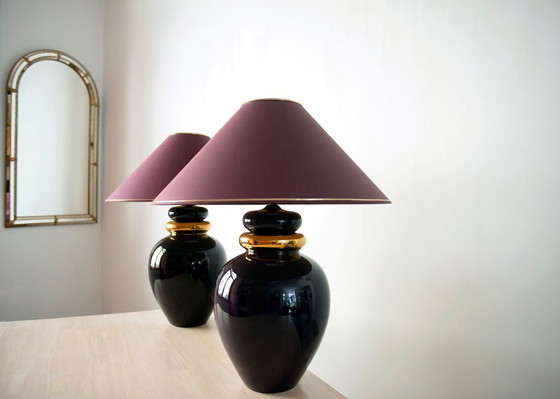 Coppia Rara XL Louis Drimmer Lampade da tavolo – Melanzana / Oro – Hollywood Regency (75 Cm) – Ceramic (photo 4 of 9)
