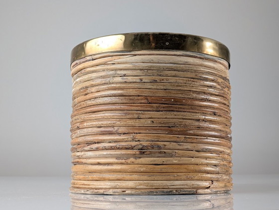 Image 1 of Italiaanse plantenbak van riet en messing uit het midden van de 20e eeuw, jaren 70.