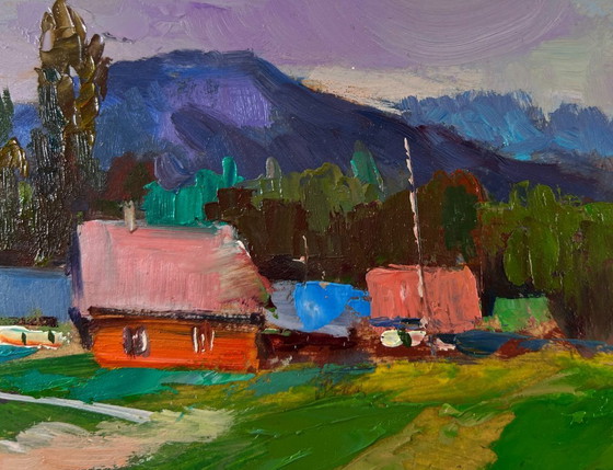 Image 1 of Original Oil Painting Rural Evening Landscape A Quiet Village Spread Over The Hills