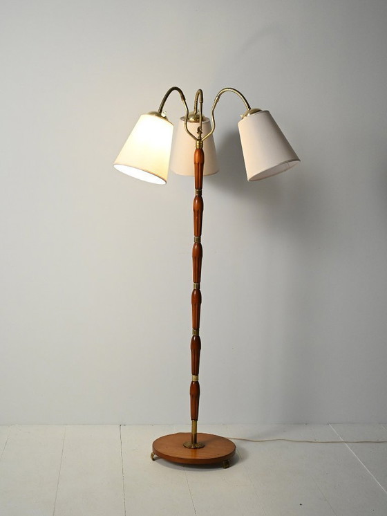Image 1 of Three-arm teak and brass floor lamp, Scandinavia, 1940s–50s