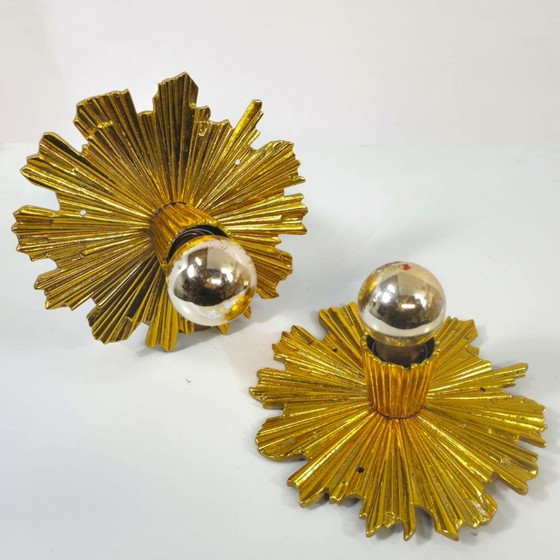 Image 1 of Set di due bellissime lampade solari placcate in oro degli anni '40/'50, lampade da parete di metà secolo