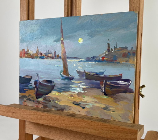 Pintura al óleo original: Paisaje urbano fluvial con barcos bajo la luna.