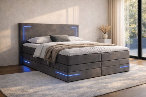 Detroit Box Spring with LED lighting, topper, and storage space 180x200