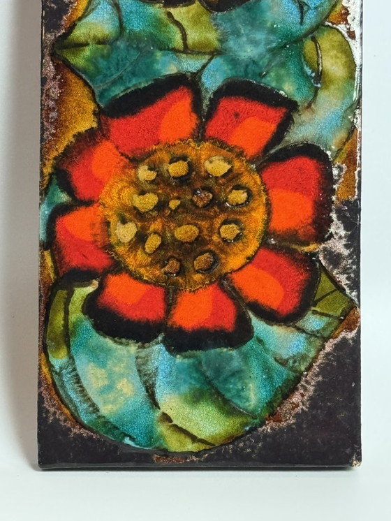 Image 1 of       	 Mid-Century Design Ruscha High-Gloss Enamel Floral Wall Tile with Gold Accents. West Germany, 1960s