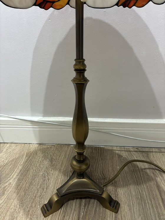 Perenz Tiffany stijl glas-in-lood tafellamp, messing, Tafellampen, Groen, Vintage (foto 3 van 8)