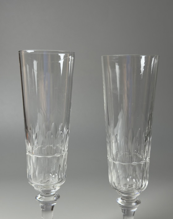 Image 1 of Set van 5 Val Saint Lambert Théodora kristallen champagneflutes – Antiek handgeslepen kristal, gedocumenteerd in de catalogus va
