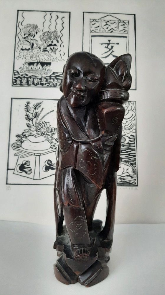 Image 1 of Antiek Chinees houten beeld, 1920 met zilverinleg
