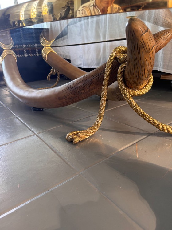 Spanish 1970s Signed Valenti Faux Elephant Tusk Table with Glass Top and Solid Bronze Detailing (photo 3 of 15)