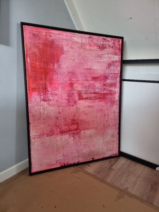 Frances Eckhardt – 90 x 120 cm abstraktes rosa Gemälde, handgefertigt, moderne Kunst, zeitgenössisch, gerahmt