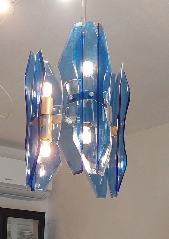 Image 1 of Italiaanse blauwe glazen hanglamp uit het midden van de 20e eeuw van Veca