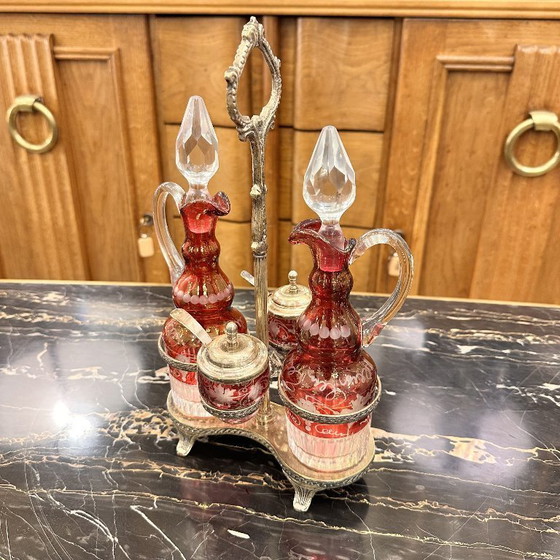 Image 1 of Convoy / Oil, vinegar, salt and pepper set, Bohemian crystal, silver-plated metal, 1940s – Czech Republic
