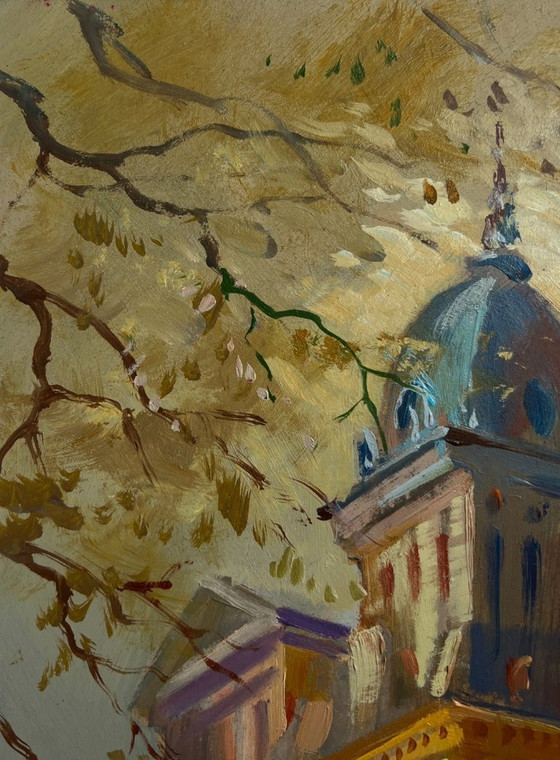 Image 1 of Origineel olieverfschilderij: Stadsgezicht 's avonds. De rivier en het hart van de stad.