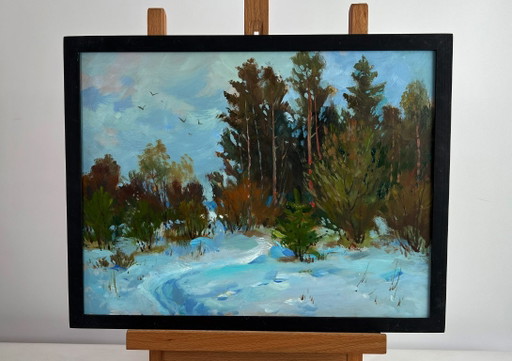 Original Oil Painting Snowy Trees Landscape Path in the winter forest