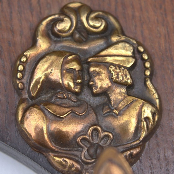 Image 1 of Vintage authentic antique coat rack with embossed scene, hat shelve clothing hanger hallway eye-catcher 32.68 inch 83 cm