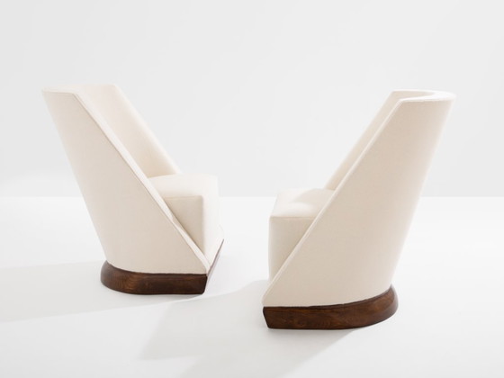 Image 1 of Louis Sognot paar modernistische fauteuils walnoot wit alpaca 1927